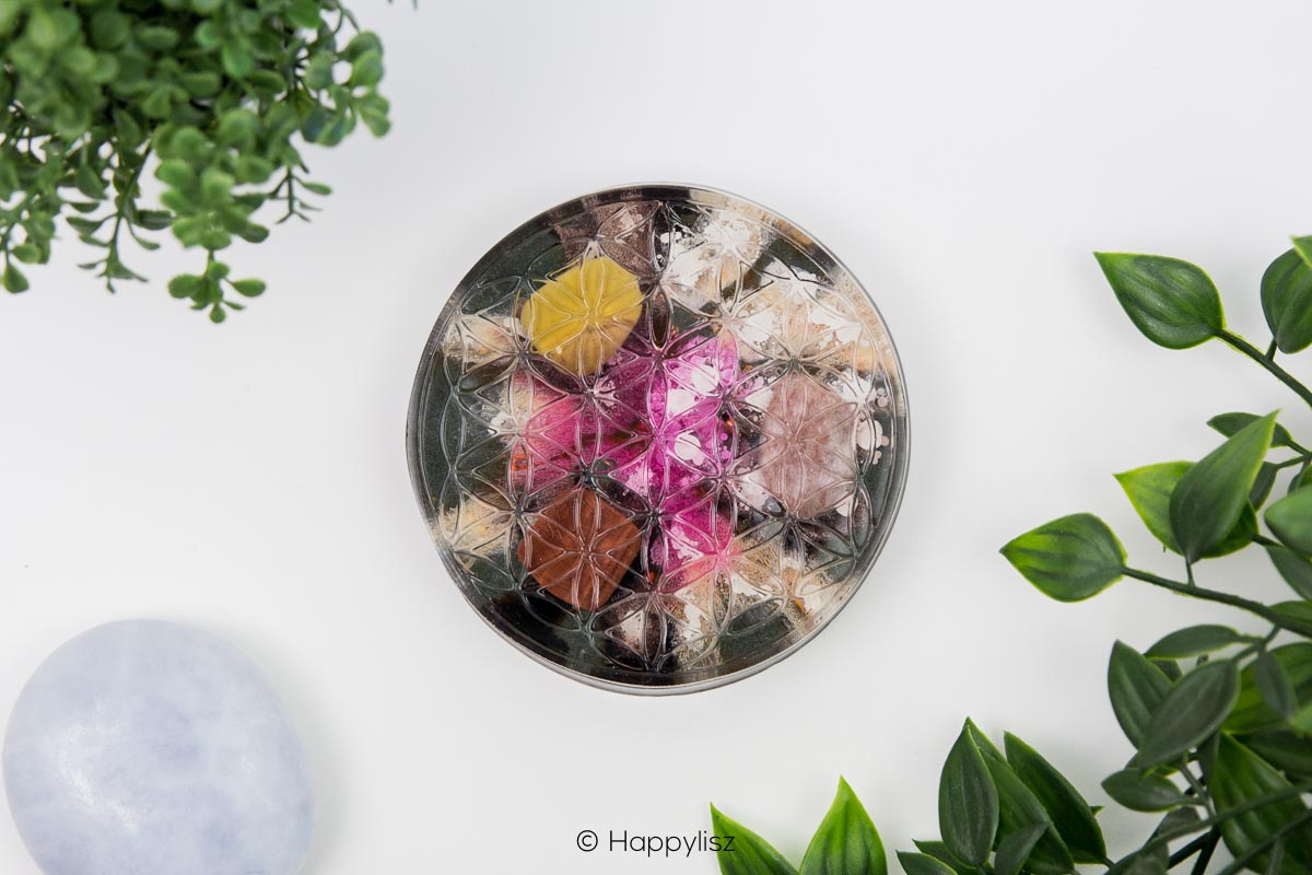 Orgonite Disc - Flower of Life - Mookaite, Lepidolite & Red Tiger Eye - Top