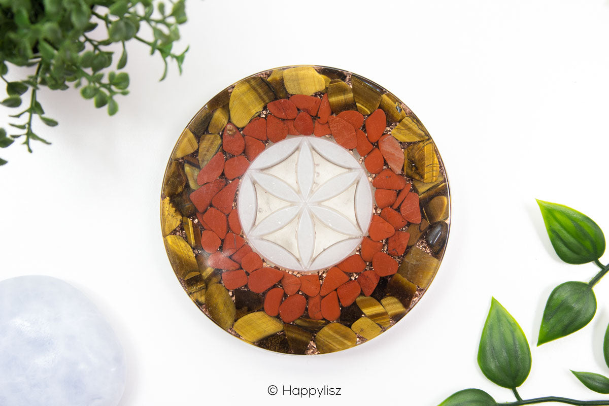 Orgonite Disc - Seed of Life - Red Jasper, Tiger's Eye & Clear Quartz - Top
