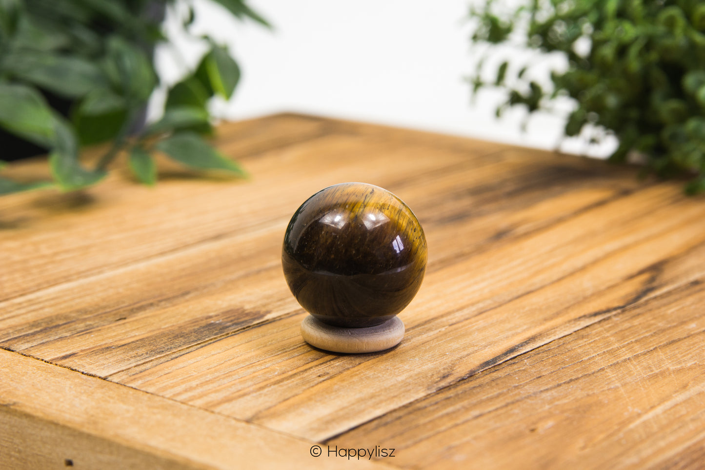 Brown and black spherical object on a wooden surface with greenery in the background