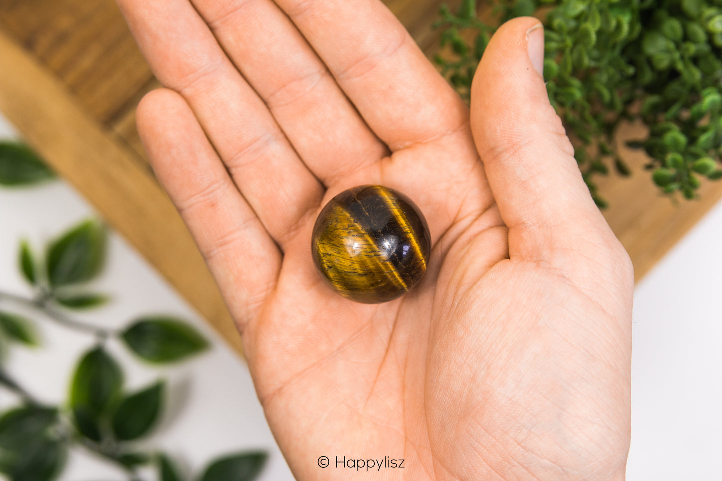 Hand holding a tiger's eye crystal ball with a blurred natural background
