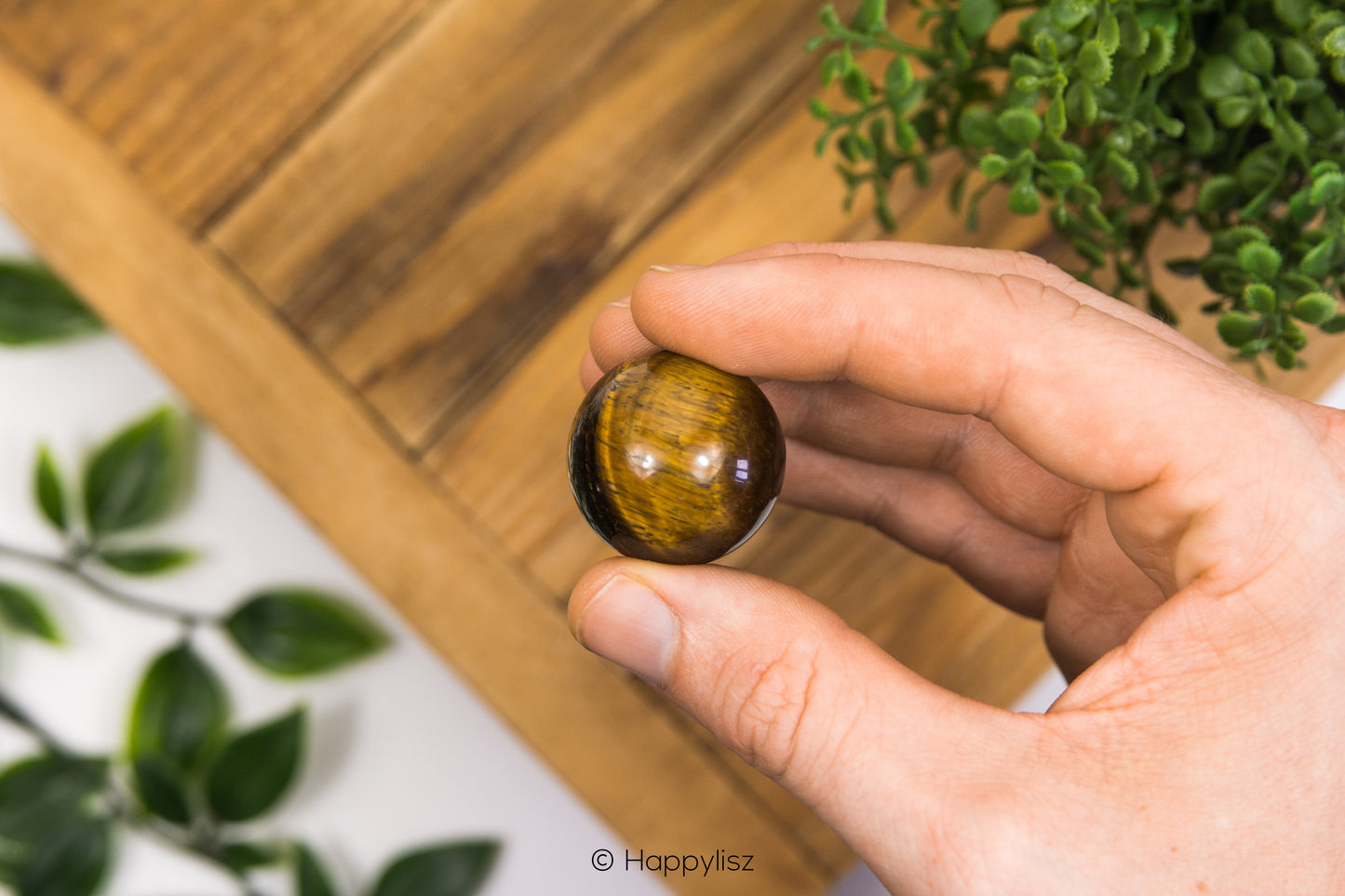 Hand holding a tiger's eye stone with a wooden surface and green plant in the background