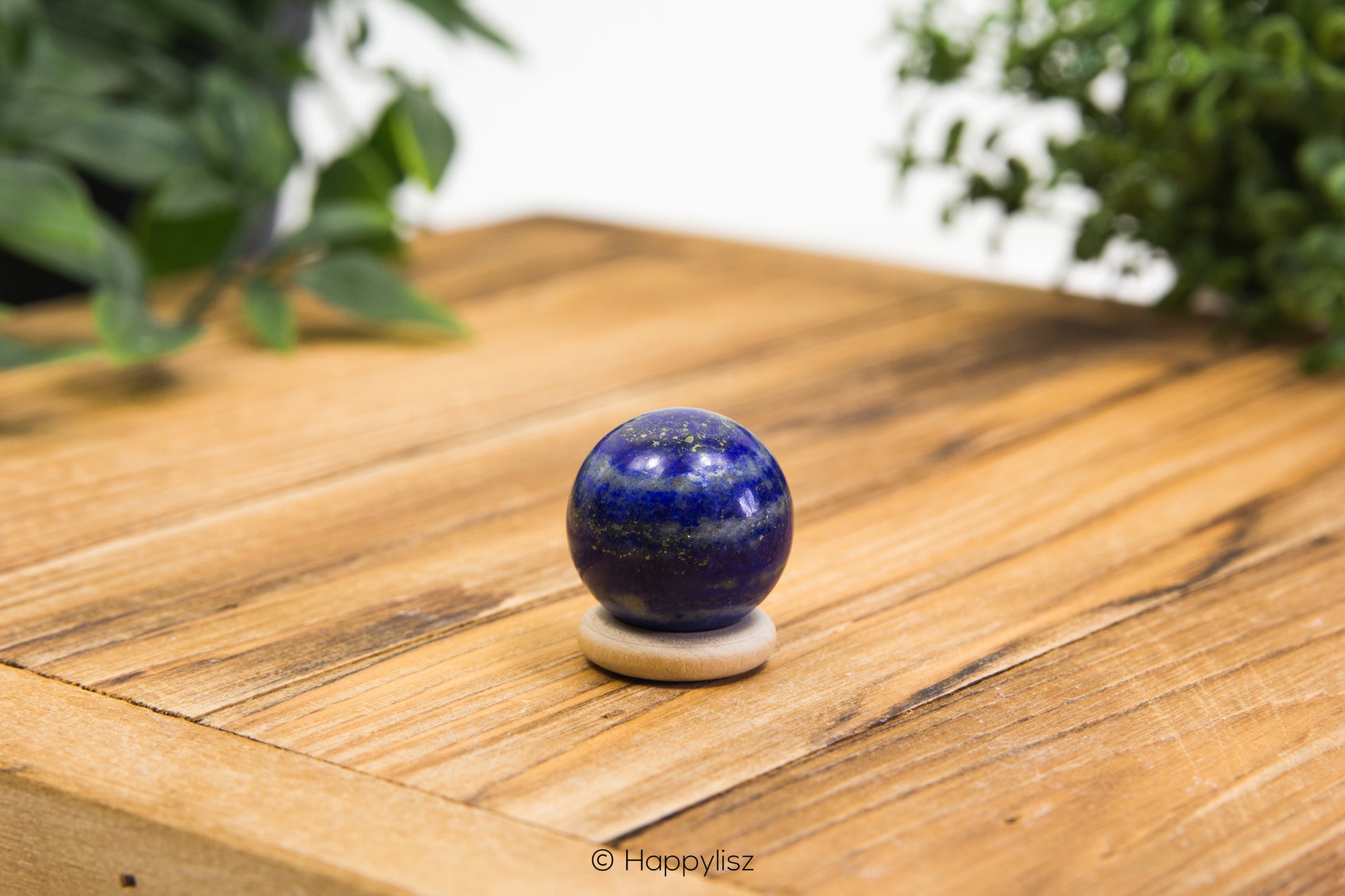 Blue spherical object on a wooden surface with blurred greenery in the background