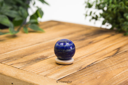 Blue spherical object on a wooden surface with blurred greenery in the background