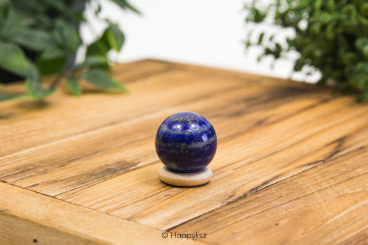 Blue spherical object on a wooden surface with blurred greenery in the background