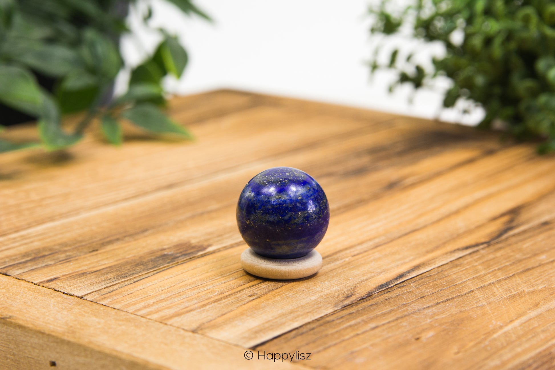 Blue spherical object on a wooden surface with greenery in the background