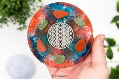 Orgonite Disc - Flower of Life - Chrysoprase & Red Jasper - In Hand