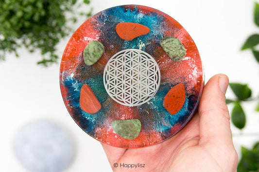 Orgonite Disc - Flower of Life - Chrysoprase & Red Jasper - In Hand