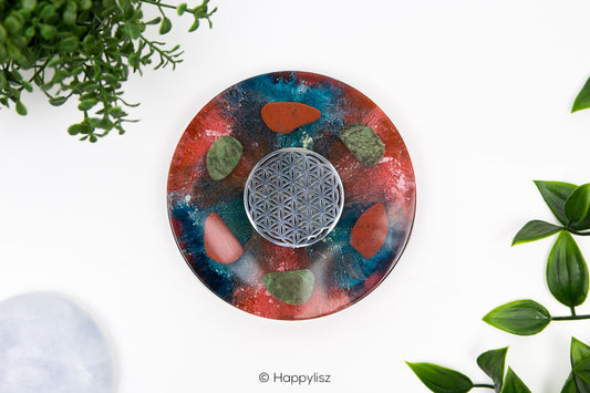 Orgonite Disc - Flower of Life - Chrysoprase & Red Jasper - Top