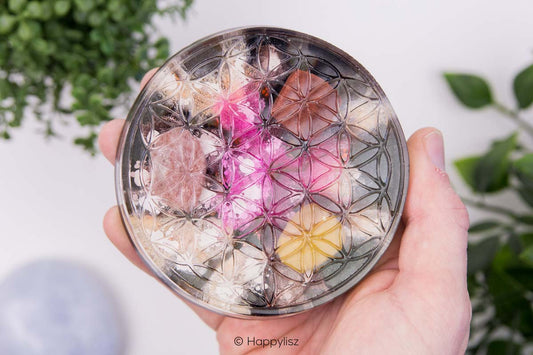 Orgonite Disc - Flower of Life - Mookaite, Lepidolite & Red Tiger Eye - In Hand