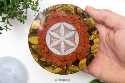 Orgonite Disc - Seed of Life - Red Jasper, Tiger's Eye & Clear Quartz - In Hand