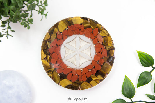 Orgonite Disc - Seed of Life - Red Jasper, Tiger's Eye & Clear Quartz - Top
