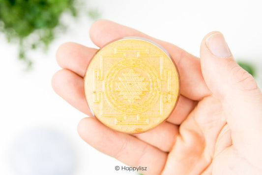 Orgonite Disc - Sri Yantra - Golden Triangle - In Hand
