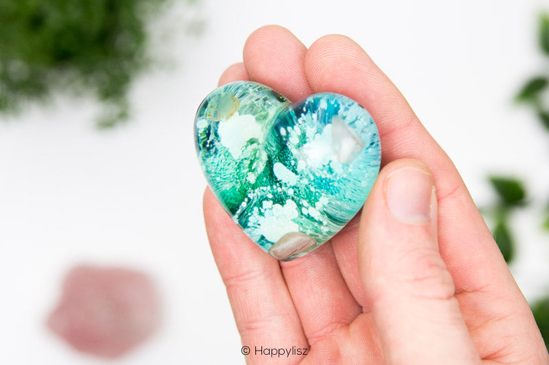 Orgonite Heart - Petrified Wood, Prehnite & Rose Quartz - In Hand 02