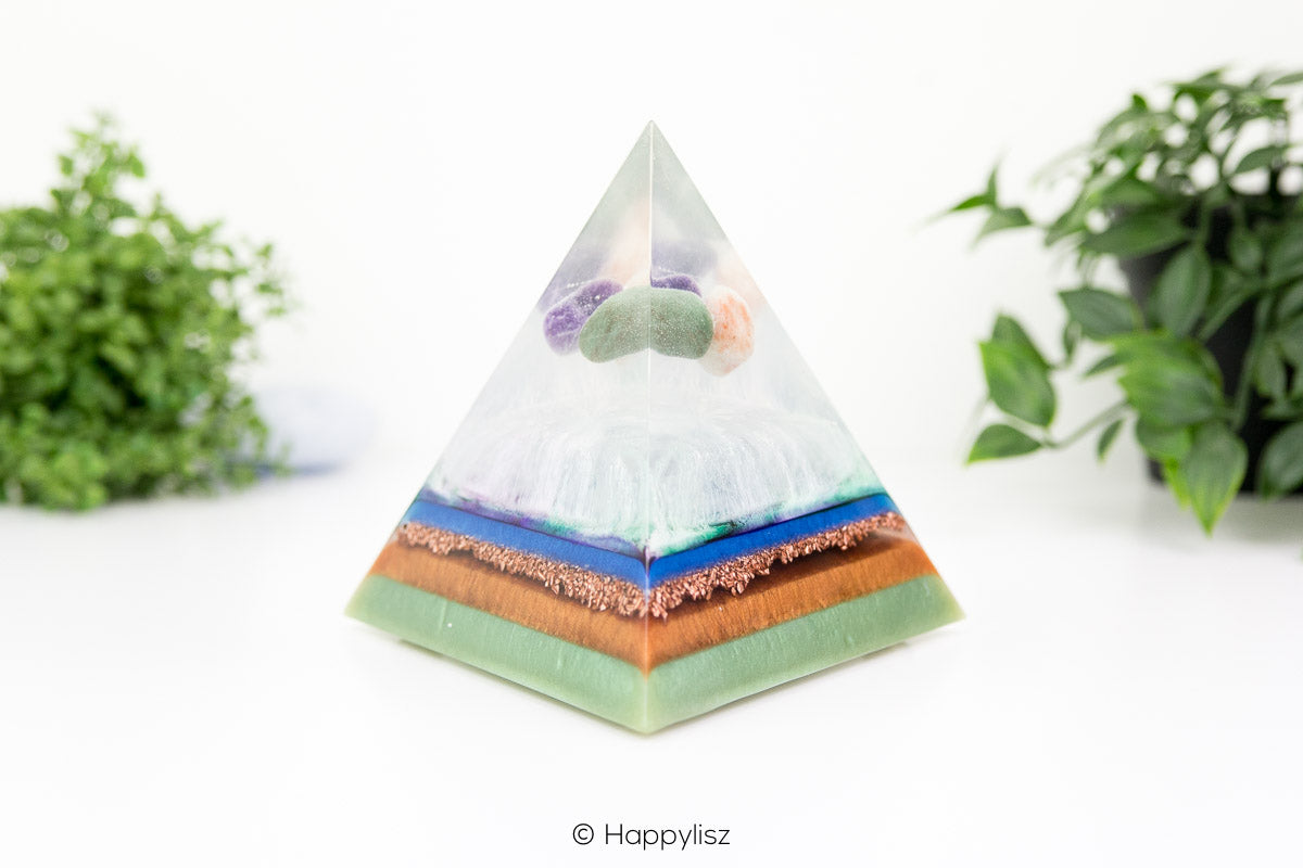 Orgonite Tetrahedron – Green Aventurine, Sunstone & Amethyst - Front